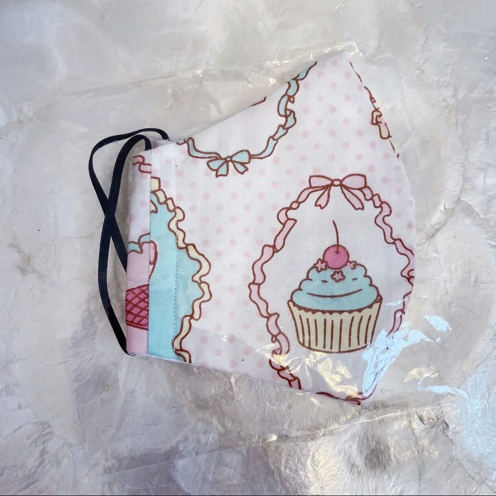 Kids White Pink Polkadot Cupcake Cotton Face Cover